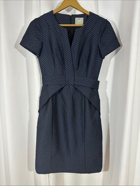 Anthropologie Maeve Navy Textured Sheath Dress Pleated Waist Career Cocktail